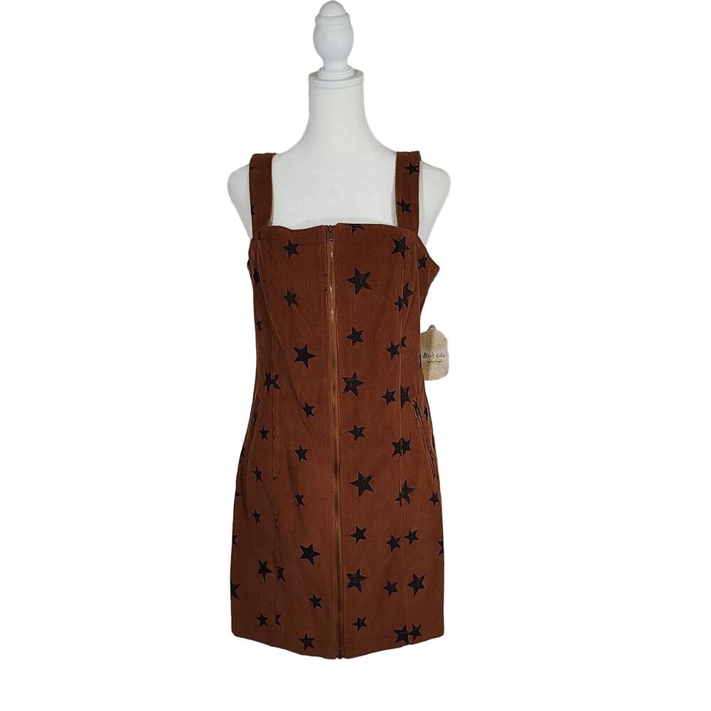 Altar'd State Rust Brown Corduroy Star Print Front‎ Zip Mini Dress KD3770 Medium